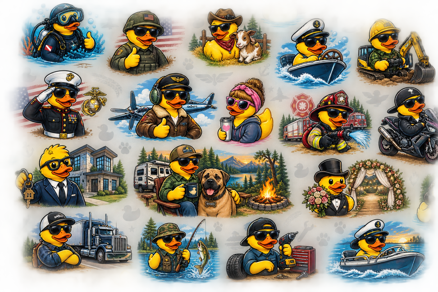 A collage of Quackers ducks representing diving, military service, farming, boating, construction, firefighting, motorcycles, camping, property, trucking, fishing, repairs, and future adventures