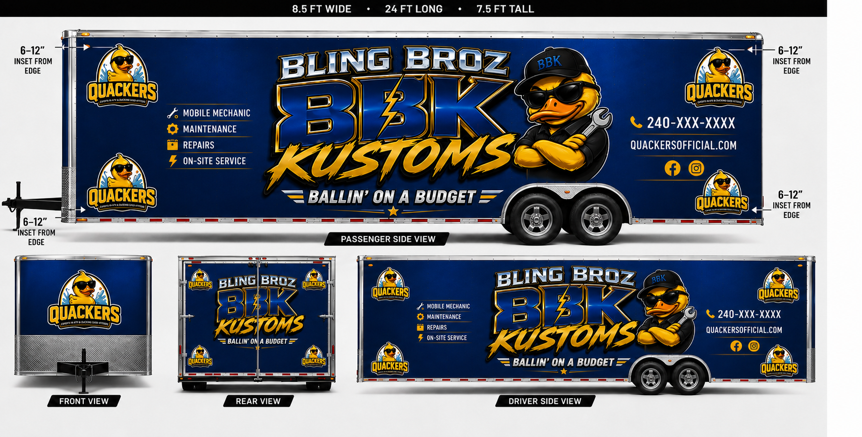 Potential BBK mobile motorcycle service trailer design with corrected Bling Broz Kustoms branding